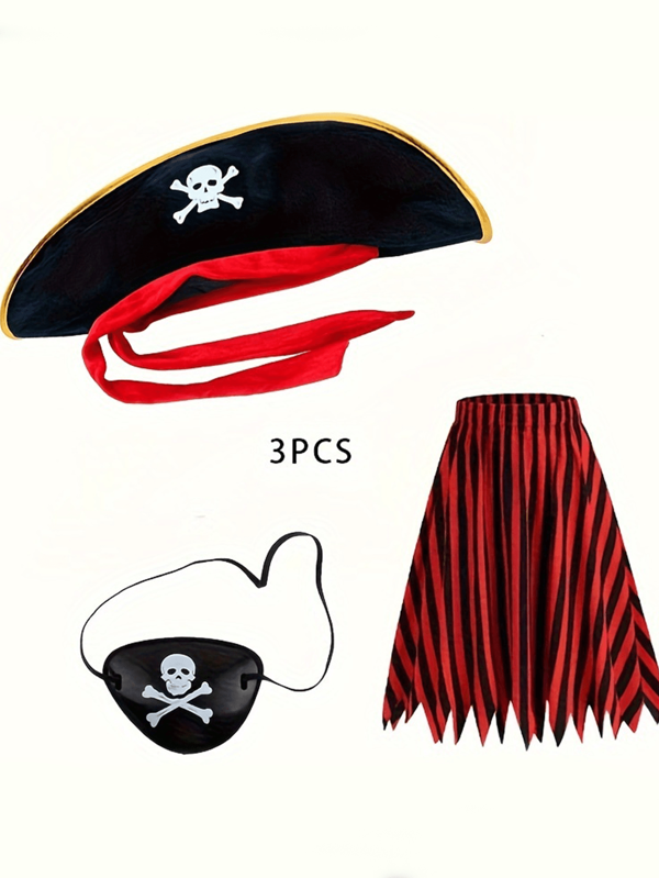 3pcs Pirate Costume Accessories Set - Pirate Hat With Red Ribbon, Pirate Eye Patch, Pirate Striped Skirt, Stage Performance Props Halloween