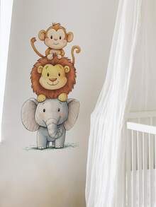 1pc Watercolor Cute Animal Wall Sticker - Elephant & Monkey Design - PVC Self-Adhesive Decal, Applicable For Game Room/Kids Bedroom Decor, Living Room, Door, Kindergarten Decor, Classroom, Home Decor & Gifts - Multicolor - View 5