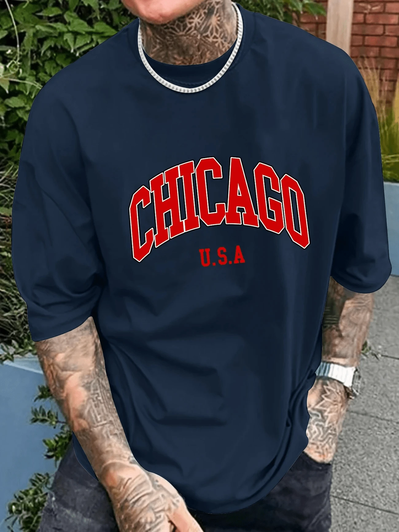 Men's Summer Letter Print Graffiti Graphic Short Sleeve T-Shirt - Navy Blue - View 1