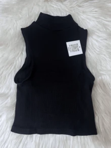 3676A-6T - Cropped Regata Feminina Gola Alta Canelada Sem Costura Poliamida Estilo Minimalista / Leve - Preto - Visão 1