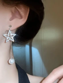 1 对全水钻星形流苏耳环，适合日常佩戴 - 銀色 - 查看 3