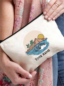 1 件定制女士零钱包、化妆包、珠宝收纳包、小袋、手拿包、多功能、格子、可爱、刻字、短语、姓名印刷、轻便、礼物、独特、DIY、教师节、万圣节 - 米色 - 查看 4