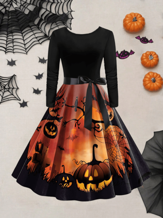 万圣节复古优雅派对礼服，南瓜骷髅蜘蛛网印花圆领高腰拼接长袖连衣裙配丝带