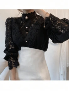 Women's Lace Blouse, Long Sleeve Shirt With Lace Buttons - Negro - Ver 3