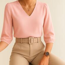 Women's Crepe Duna Blouse With 3/4 Puff Sleeve Plus Size And Slim - Màu Hồng baby - Xem 2