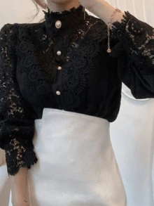 Women's Lace Blouse, Long Sleeve Shirt With Lace Buttons - Negro - Ver 1