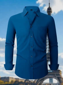 1 Pc Classic Mens Solid Business Shirt Slim Fit Button Down Office Work Formal Casual Wear Essential - Xanh đậm - Xem 1