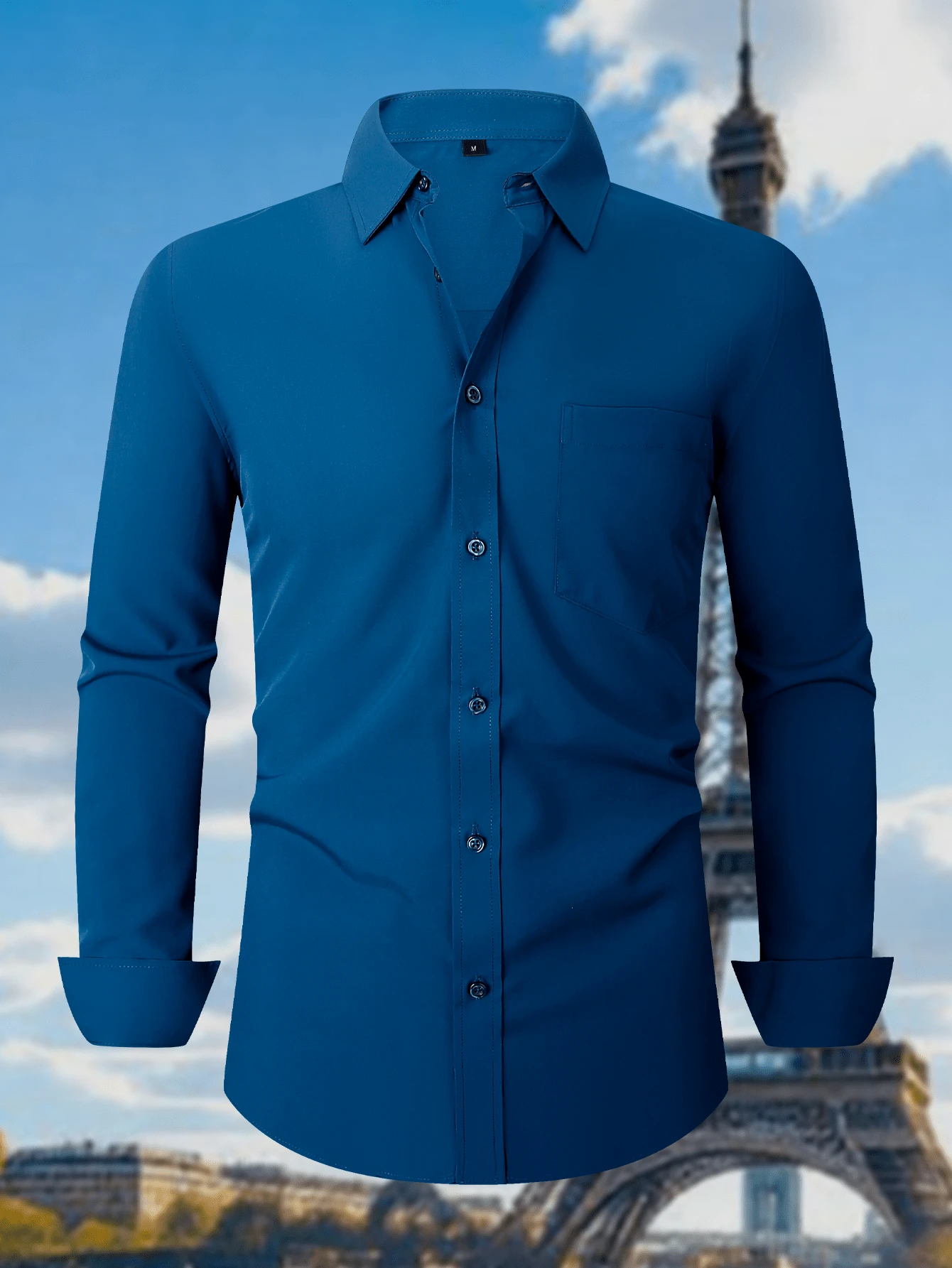 1 Pc Classic Mens Solid Business Shirt Slim Fit Button Down Office Work Formal Casual Wear Essential - Xanh đậm - Xem 1