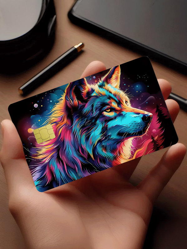 1pc Colorful Wolf Credit Card Decoration Sticker, PVC Card Creative And Personalized Ultrathin Cool PVC Anti Fingerprint Durable Credit Card Protection Skin Cover, Superior Quality, Scratch Resistant And Friction Resistant, Suitable For Woman Man, Small Chip Card, Bank Cards, Credit Cards, Transportation Cards, Student Campus Cards DIY,Back To School Season, School Supplies