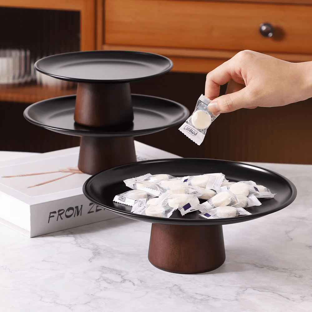 1pc Stainless Steel Cake Stand With Wooden Base, Dessert Display Rack, Multifunctional Fruit Tray, Suitable For Dining Table Decor, Home And Kitchen Serving Platter