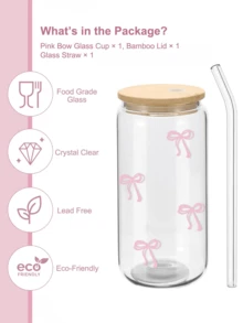 1 Set Of Pink Bow Glass Cups (With Bamboo Lids And Straws), Outdoor Travel Portable Large-Capacity Water Cups, Exquisite And Cute Milk Tea Cups, High-Quality Juice/Coffee Cups, Suitable For Summer/Autumn/Winter,Christmas/Christmas Decorations/Halloween Decorations/Christmas Gifts/Christmas Decorations Home/Kitchen Accessories