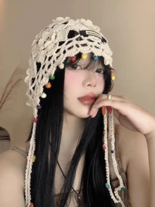 1 件女士独特复古钩针星星帽，透气春夏风格，手工帽子，街头时尚，别致街头服饰 - 彩色 - 查看 2