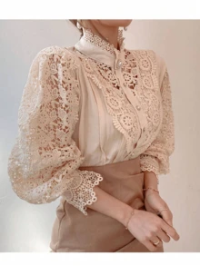 Women's Lace Blouse, Long Sleeve Shirt With Lace Buttons - Beige - View 1