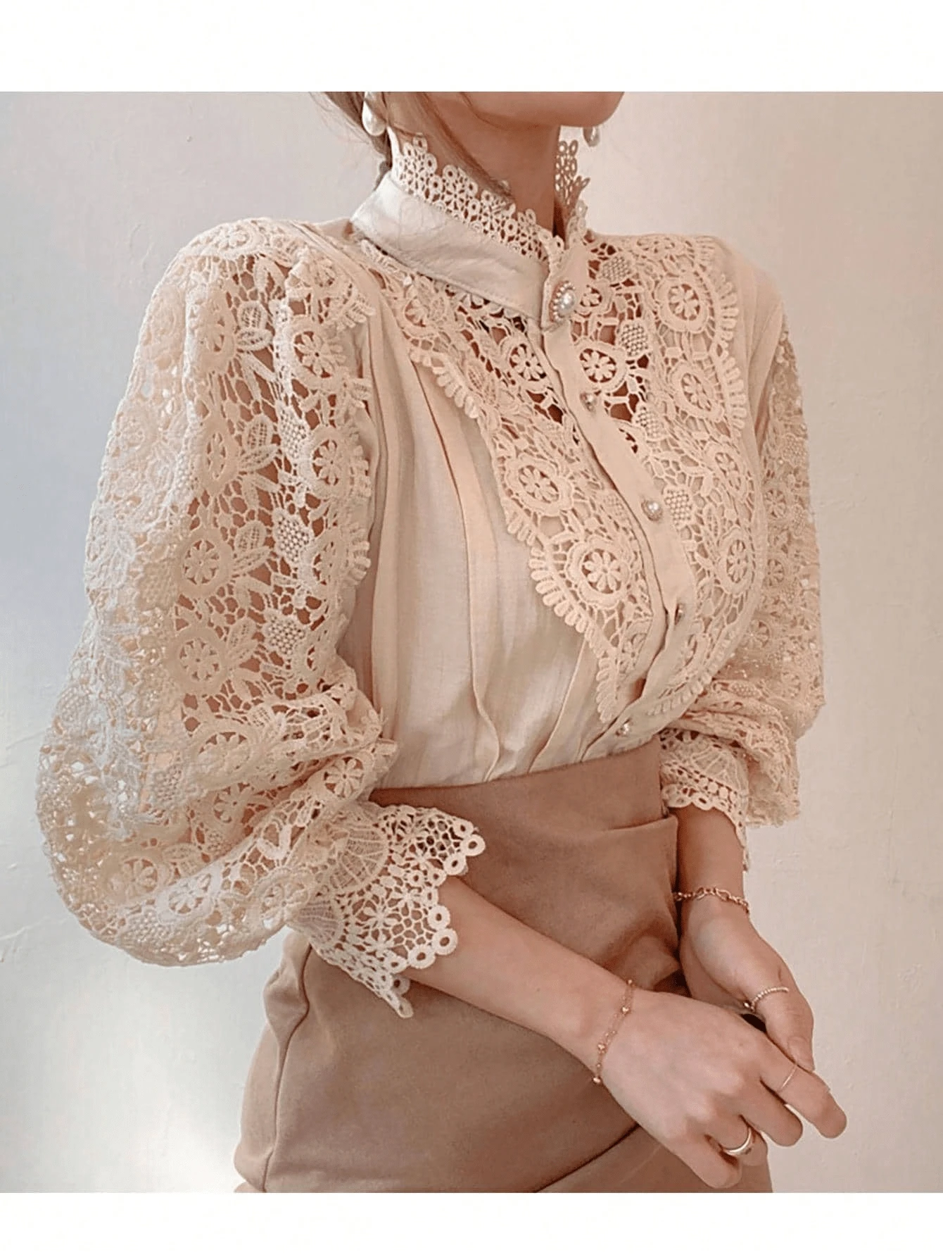 Women's Lace Blouse, Long Sleeve Shirt With Lace Buttons - Beige - View 1