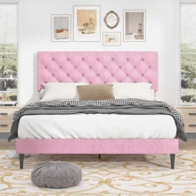 Upholstered Bed Frame With Headboard, Linen Fabric Bed Frame With Button Tufted Headboard, No Box Spring Needed, Easy Assembly, Twin/ Full/ Queen/ King, Beige/ Pink/ Dark Grey/ Grey/ Blue/ Cream/ Black - 粉色 - 查看 10