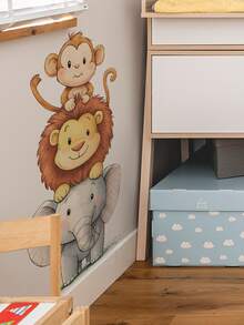 1pc Watercolor Cute Animal Wall Sticker - Elephant & Monkey Design - PVC Self-Adhesive Decal, Applicable For Game Room/Kids Bedroom Decor, Living Room, Door, Kindergarten Decor, Classroom, Home Decor & Gifts - Multicolor - View 4