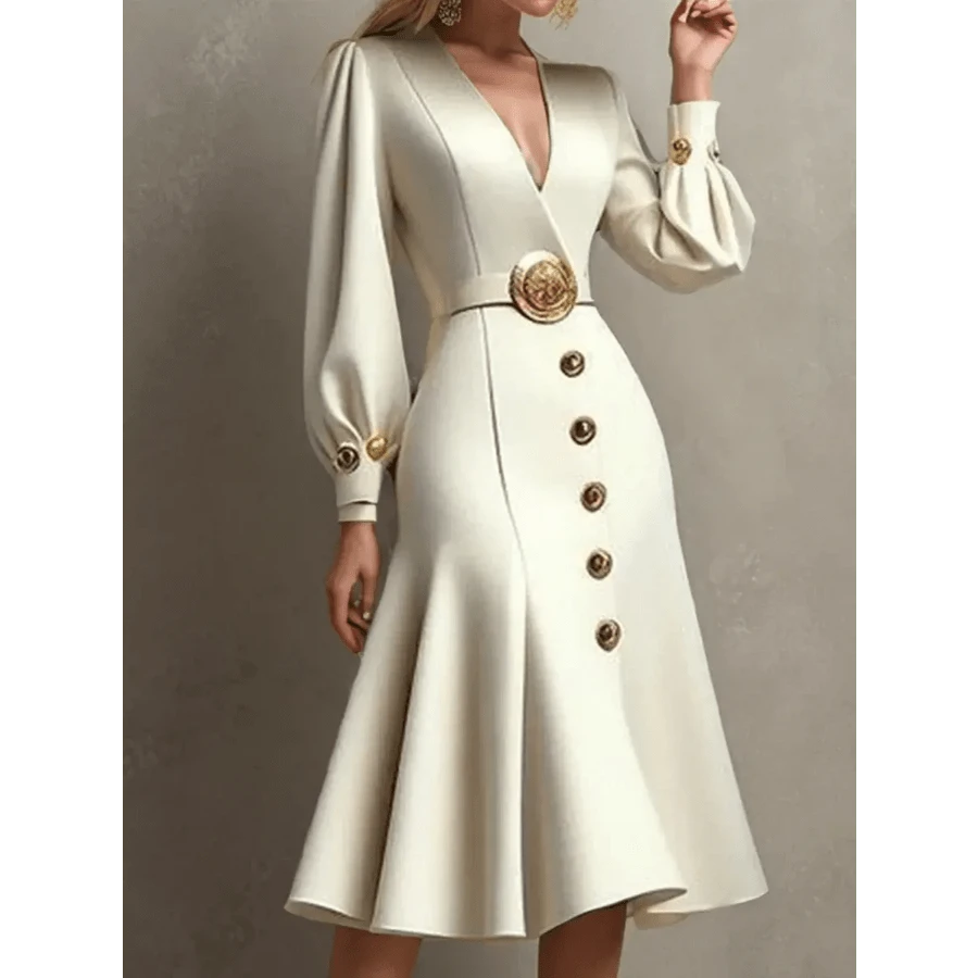 CorpoShui Elegant Satin Dress For Women With Puff Sleeves V Neck Ruffled A-Line Midi Long Sleeves Sexy Fishtail Evening Gown For Fall - White_Beige - 查看 1