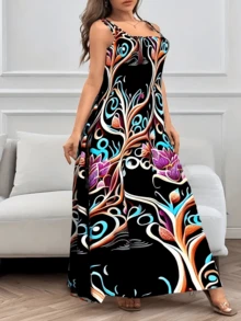 Plus Size - Women'S Plus Size Spring/Summer Floral Print Suspender Dress - Elegant And Comfortable Sleeveless Mid-Long Dress - màu đen - Xem 2
