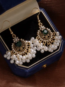 2 piezas Pendientes colgantes elegantes con flores de strass, accesorios de moda de lujo como regalo para mujeres - oro - Ver 4