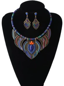 Bohemian Necklace Set With Random Patterned Necklace & Earrings, Women Fashion Jewelry Set - Red - View 8