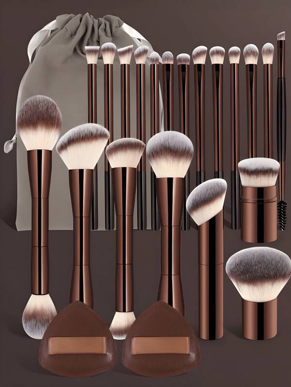23 piezas Set de herramientas de maquillaje que incluye 20 piezas de brochas de aluminio profesionales + 1 bolsa de almacenamiento + 2 piezas borlas de cojín de aire para uso diario y viajes, accesorios de belleza regalos para amigos