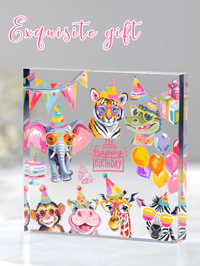 1 pieza Feliz cumpleaños Adorno de acrílico de 4x4 pulgadas, decoración para el escritorio de fiesta de cumpleaños, regalo de cumpleaños para colegas mujeres, amigos, familiares, regalo de cumpleaños colorido, decoración para el escritorio de lindo animales, animales de la selva