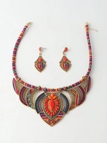 Bohemian Necklace Set With Random Patterned Necklace & Earrings, Women Fashion Jewelry Set - Red - View 4