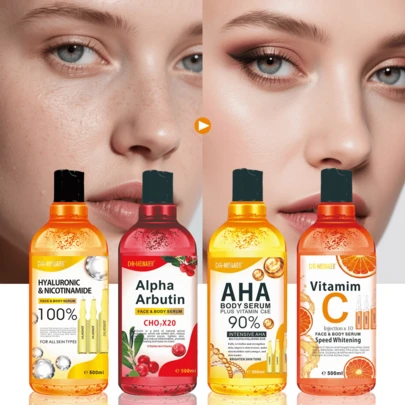 500毫升熊果系列精华液，身体油，温和紧致，保湿滋润（含维生素C、AHA、熊果提取物、透明质酸和烟酰胺），4种选择，糖苷精华，抗衰老，透明质酸，减少皱纹，修护精华，适用于肌肤和身体