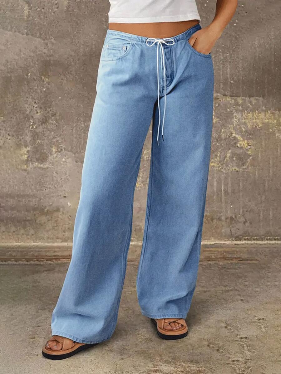 Women's New Lace-Up Waist Wide Leg Jeans, Elastic Casual Mom Jeans, Straight Leg Pants