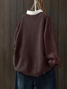 女士休闲加大码长袖开衫，带侧袋，秋冬款 - 咖啡 - 查看 3