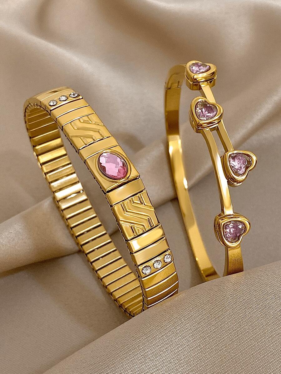 Bộ vòng tay hình trái tim lãng mạn bằng thép không gỉ mạ vàng 18K, đính đá Cubic Zirconia màu hồng, phù hợp cho nữ, có thể dùng làm quà tặng Ngày của Mẹ, Ngày Nhà giáo, phụ kiện du lịch biển mùa hè, phụ kiện phong cách Bohemian, phụ kiện dự tiệc/dạ hội/hàng ngày, quà tặng tựu trường, quà sinh nhật, quà tặng phù dâu và quà Giáng sinh. - Nhiều màu - Xem 1