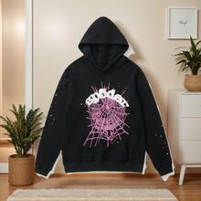 Spider Web Fashion Hip-Hop Printed Flower Hoodie, European And American  Brand Large-Sized Loose Men's And Women's Hooded Sweatshirt Set - 黑色 - 查看 2