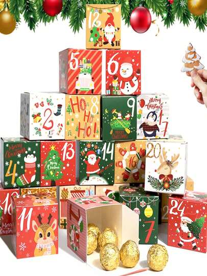 24 件，复古圣诞牛皮纸盒 DIY 圣诞日历礼盒圣诞倒计时日历礼盒派对礼盒，圣诞装饰，适用于婴儿派对、婴儿主题派对、迎婴派对