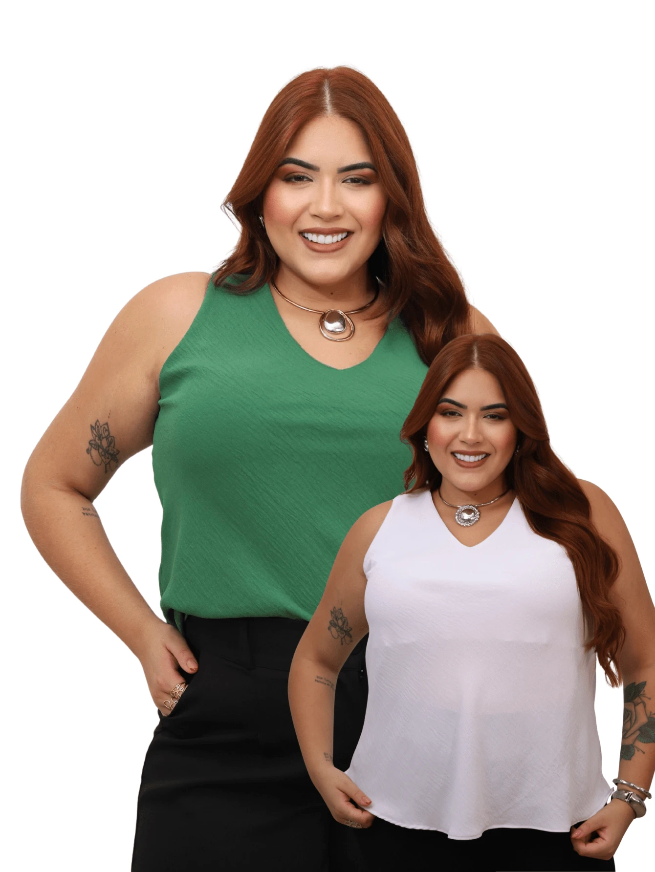 Kit Of 2 Women's Basic Social Tank Tops With Thick Straps, V-Neck, Lined In Duna Fabric - Green and White - View 1