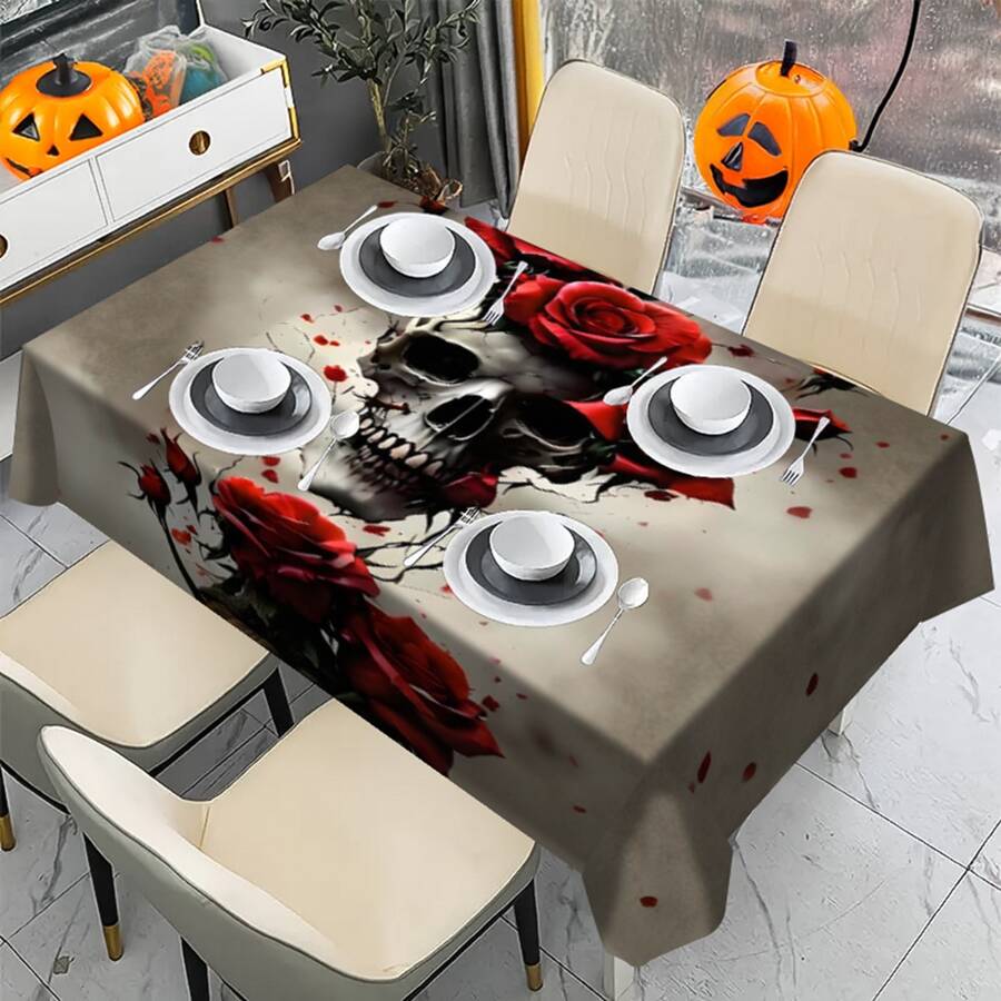 1/20 pieza Mantel con temática de Halloween - Calavera y patrón floral elegante, mantel rectangular de tela de poliéster para uso en interiores/exteriores, decoración de fiestas, almuerzos, cenas, decoración de fiesta de Halloween.