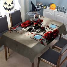 1/20 pieza Mantel con temática de Halloween - Calavera y patrón floral elegante, mantel rectangular de tela de poliéster para uso en interiores/exteriores, decoración de fiestas, almuerzos, cenas, decoración de fiesta de Halloween.