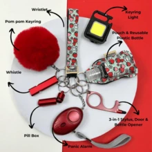 All Glam Multi Moo 9 Piece UK Legal Keychain Set With Panic Alarm, Torch, Whistle, Pom Pom, Wristlet, Pill Box, Sanitiser Pouch, And 3 In 1 Keychain Light - Strawberry Dream - View 10