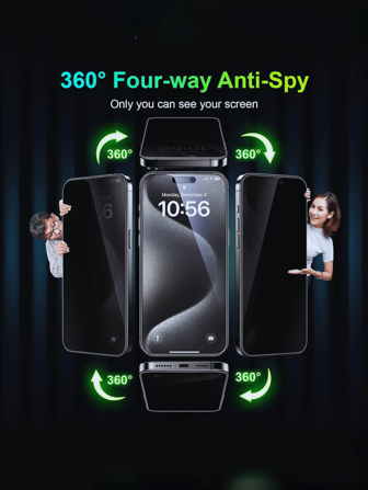 1pc 360° Privacy, Up And Down Left And Right Can't Visible, Anti-Peeping Anti-Fingerprint Anti-Fall Tempered Glass, All-Round Privacy Protection, 4-Sided Privacy Protection, Compatible With Apple Phone 16 Pro Max/16 Pro/16 Plus/16/16E/15 Pro Max/14 Pro Max/13/12/11/XS MAX/XR/Xi Phone17/I Phone17pro/I Phone17promax/AIR Series Screen Protector [360° Anti-Peeping Privacy]