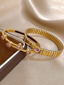 Bộ vòng tay hình trái tim lãng mạn bằng thép không gỉ mạ vàng 18K, đính đá Cubic Zirconia màu hồng, phù hợp cho nữ, có thể dùng làm quà tặng Ngày của Mẹ, Ngày Nhà giáo, phụ kiện du lịch biển mùa hè, phụ kiện phong cách Bohemian, phụ kiện dự tiệc/dạ hội/hàng ngày, quà tặng tựu trường, quà sinh nhật, quà tặng phù dâu và quà Giáng sinh. - Nhiều màu - Xem 3