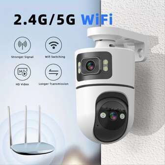 1 paquete Cámara inalámbrica IP PTZ 4K para exteriores de 2.4GHz WiFi con doble lente y doble pantalla, cámara de monitoreo de  para bebés y calles con seguimiento automático
