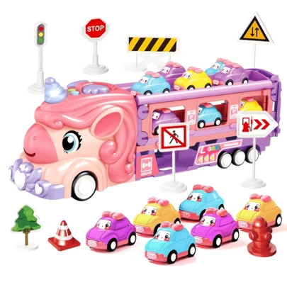 Pink Unicorn Transport Truck Toy, Dual Mode Catapult Track Toy Car, Foldable Storage With Light And Music Effect Car Toy, Contains 6 Mini Cars, Suitable For Birthday Party Gifts