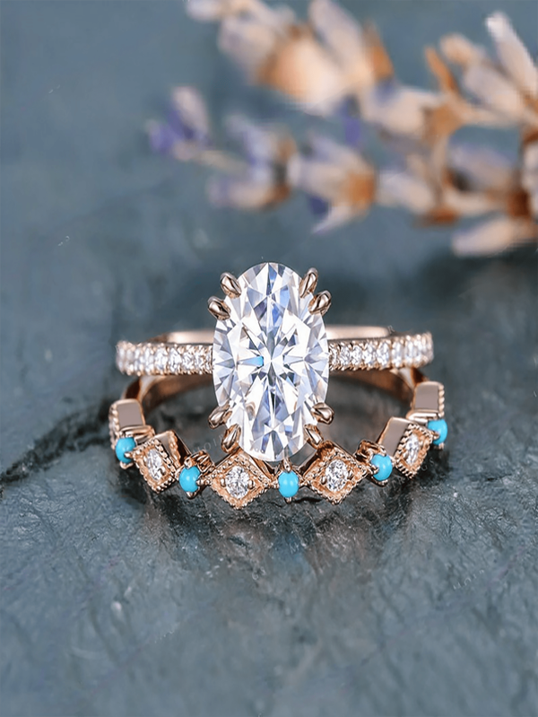 1 Pair Rose Gold Plated Turquoise Flower Rings Set, Elegant, Natural Design, Suitable For Valentine's Day, Vacation, Commute, Date, Party, Wedding, Engagement, Wife, Girlfriend, Mother Birthday, Anniversary, New Year Gift, All Season