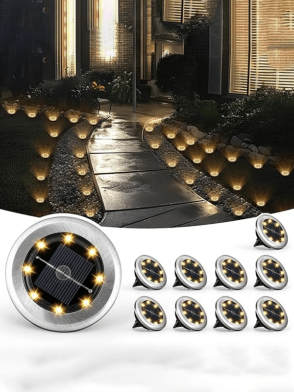 8pcs Round Solar Ground Lights, Outdoor Solar In-Ground Lights, Waterproof Solar Outdoor Ground Stake Lights, 8-LED Solar Ground Lights, Stainless Steel Outdoor Solar Ground Lights, Outdoor Solar Path Lights, Solar Underground Lights, Waterproof Outdoor Corridor Lights, Solar Garden Lights