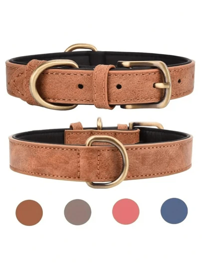 Cp250-1 Vintage Color Leather Pet Collar, Shockproof, Adjustable, For Medium And Large Dogs Walking