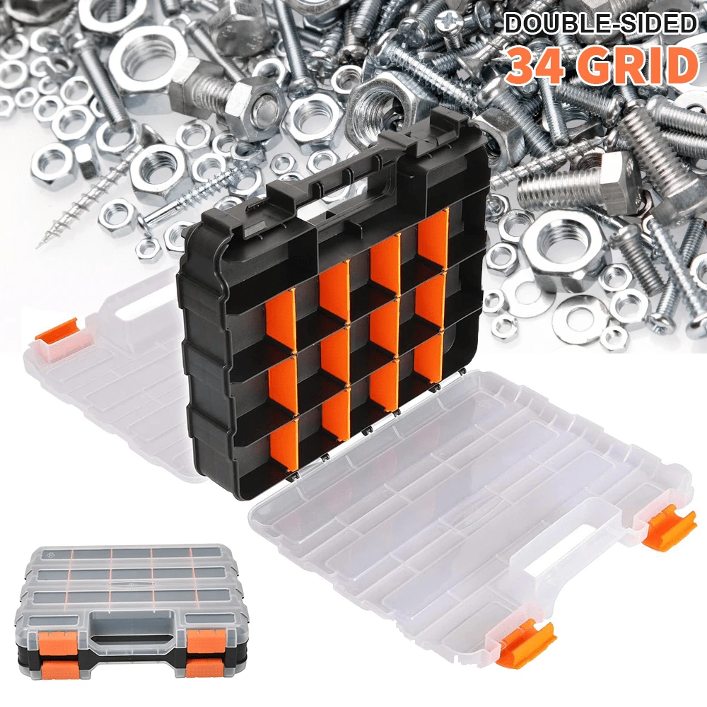 Double Side Tool Storage Box With Removable Plastic Partition, Screw Storage Box, Hardware Box Storage, 34-Compartments, Excellent For Screws, Nuts, Small Parts, Black/Orange