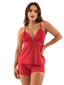 Baby Doll Women's Pajamas Shorts Dool Polyester Adult Comfortable Strap Luxury Set Nightwear - 紅色 - 查看 1