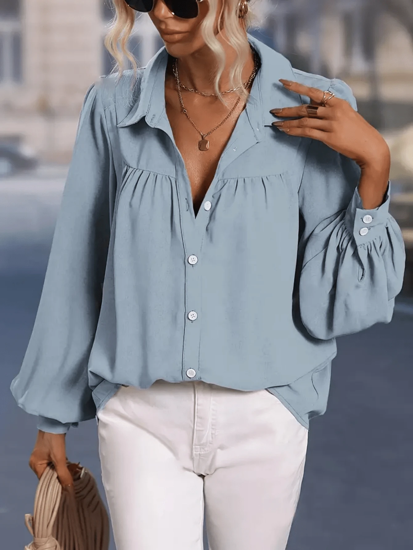Camicia casual di moda da donna, con collo a bavero, maniche a lanterna, tinta unita, adatta per le vacanze primaverili - blu polveroso - Visualizzare 1