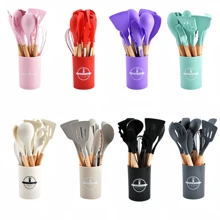 12 pièces Ensemble d'ustensiles de cuisine en silicone avec manches en bois et boîte de rangement, kit d'outils de cuisine antiadhésifs, comprenant une spatule, une cuillère à égoutter, une louche, un pinceau, des pinces, un fouet