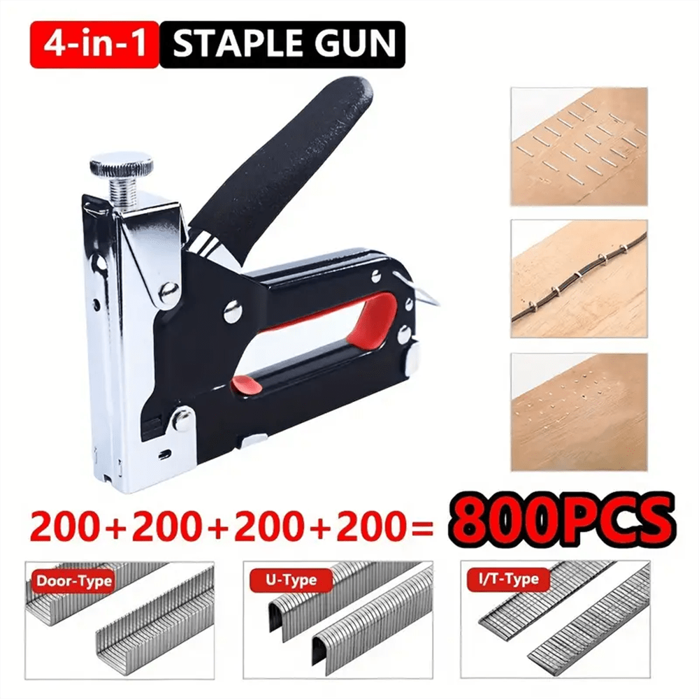 Cucitrice regolabile manuale, 4 in 1 pistola per chiodi in acciaio resistente con 800 chiodi, cucitrice regolabile manuale, estrattore di chiodi, set di attrezzi per legno, tappezzeria, falegnameria, decorazione fai-da-te per la casa - senza batteria necessaria