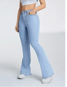 Women's Flare Bell Bottom Pants Blue Delave Body Shaping Line - 淺色水洗藍 - 查看 5